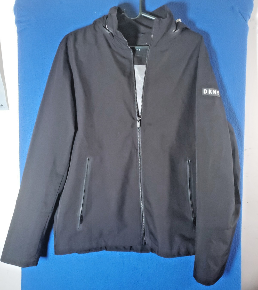 DKNY Mens Size XL Hooded Rain Jacket Black Lightweight Full Zip Windbreaker